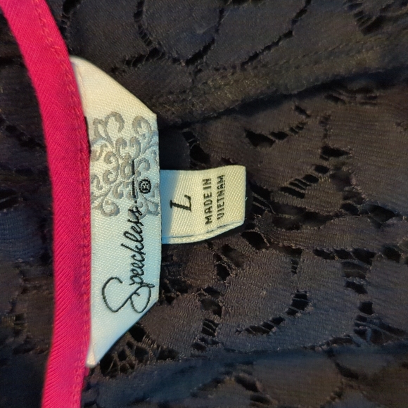 Speechless sz Large Sheer Black Lace Short Sleeve Top with Hot Pink Piping - Picture 7 of 7